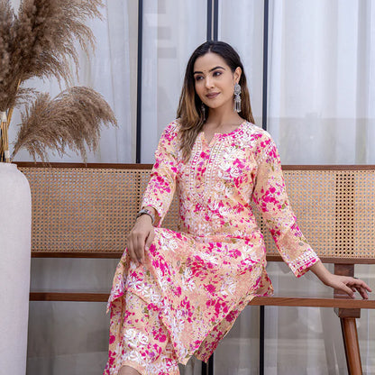 Women's Lucknowi Chikankari Handwork Mulmul Print Kurti & Palazzo Set