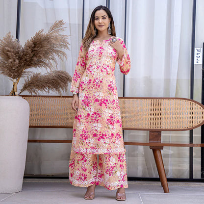 Women's Lucknowi Chikankari Handwork Mulmul Print Kurti & Palazzo Set