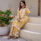 Yellow Wafa Printed Mulmul Kurti & Palazzo Set