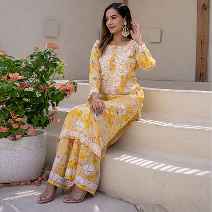 Women's Lucknowi Chikankari Handwork Mulmul Print Kurti & Palazzo Set