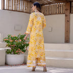 Yellow Wafa Printed Mulmul Kurti & Palazzo Set