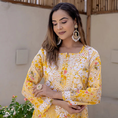 Women's Lucknowi Chikankari Handwork Mulmul Print Kurti & Palazzo Set
