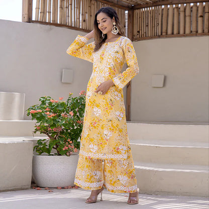 Women's Lucknowi Chikankari Handwork Mulmul Print Kurti & Palazzo Set
