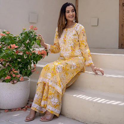 Women's Lucknowi Chikankari Handwork Mulmul Print Kurti & Palazzo Set