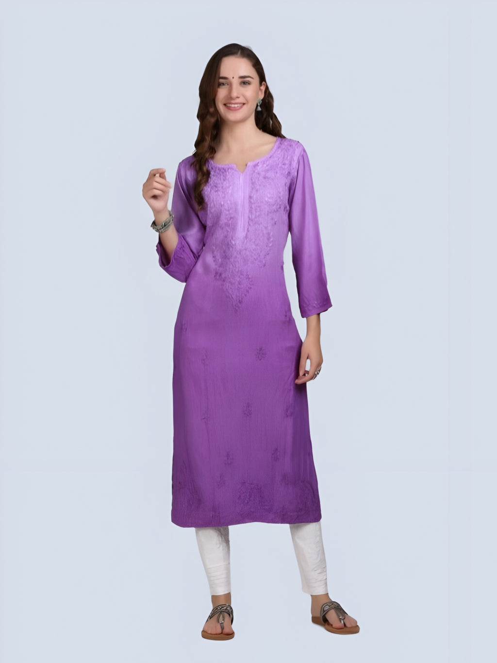 Purple Nargis Rayon Ombre/Shaded Dyed Long Chikankari Kurti malabis.in