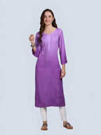 Purple Nargis Rayon Ombre/Shaded Dyed Long Chikankari Kurti malabis.in