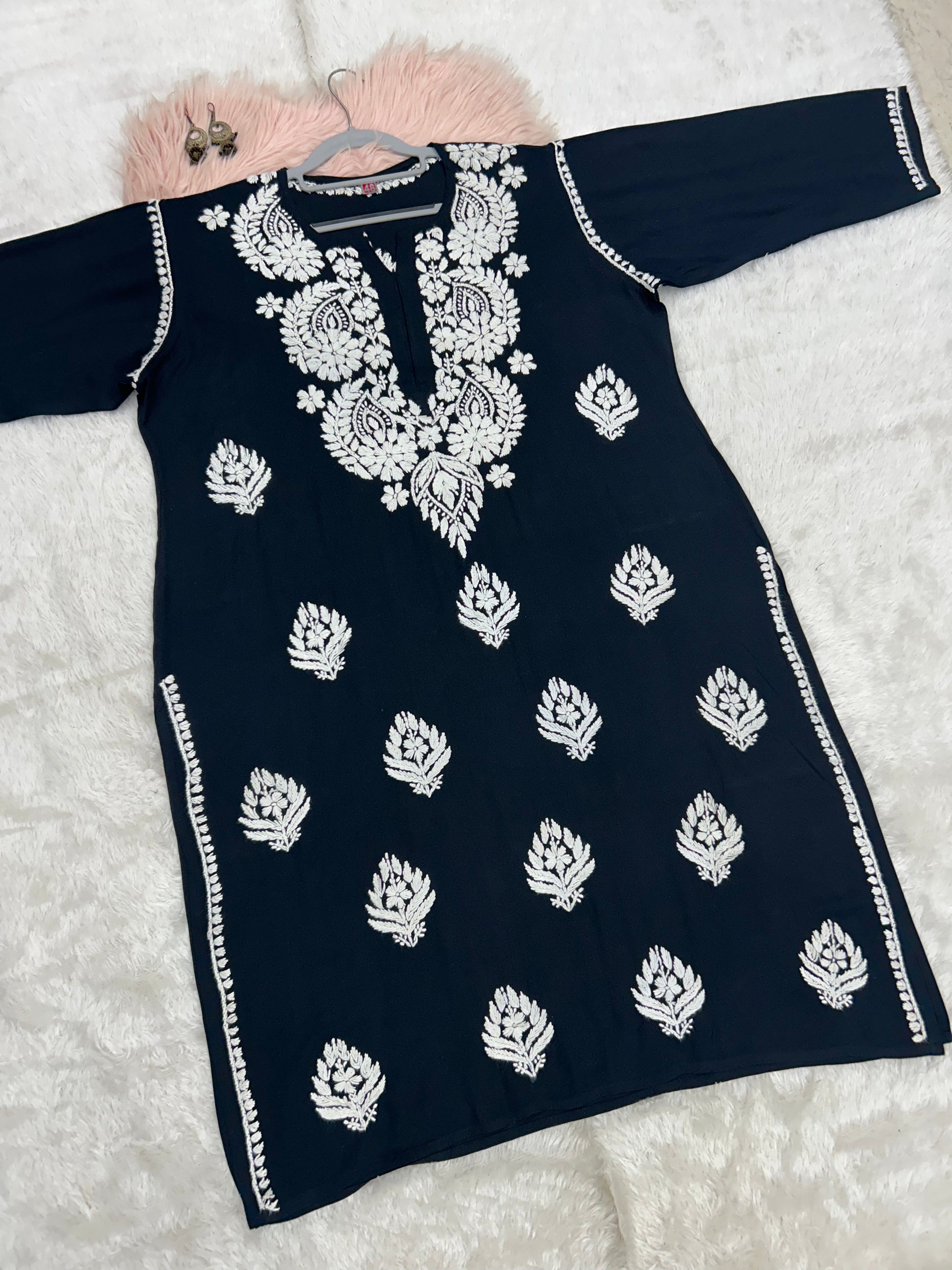 Navy blue rayon plus size chikankari kurti 1