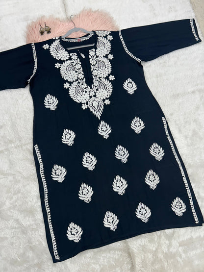 Navy blue rayon plus size chikankari kurti 1