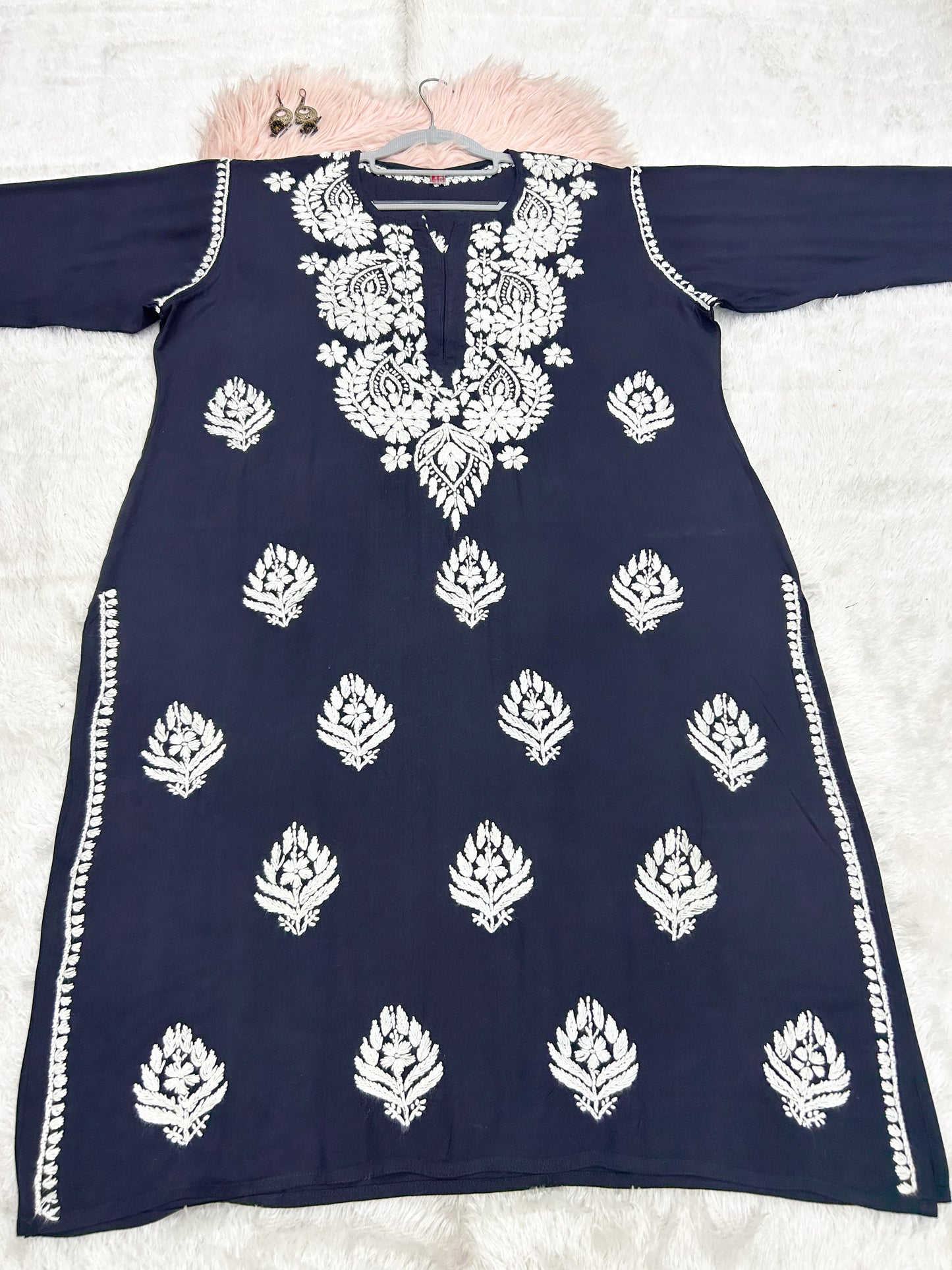 Navy blue rayon plus size chikankari kurti 2