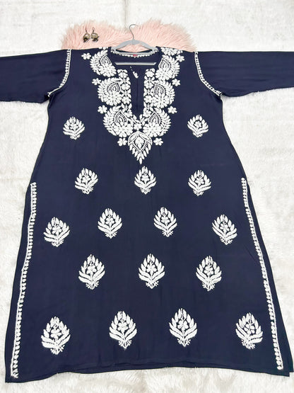 Navy blue rayon plus size chikankari kurti 2