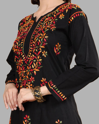 Black Tawoos Chikankari Multi-Thread Cotton Long Kurti by malabis.in