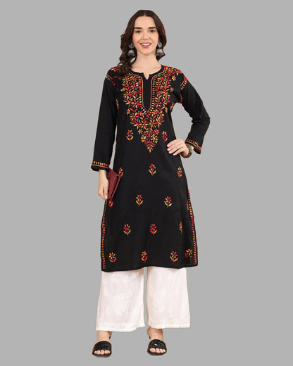 Black Tawoos Chikankari Multi-Thread Cotton Long Kurti by malabis.in