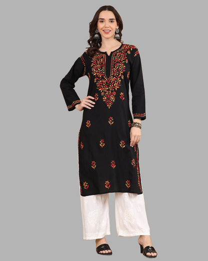 Black Tawoos Chikankari Multi-Thread Cotton Long Kurti by malabis.in
