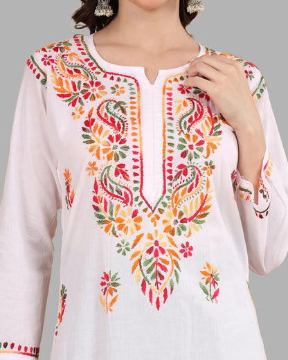 White Tawoos Chikankari Multi-Thread Cotton Long Kurti by malabis.in
