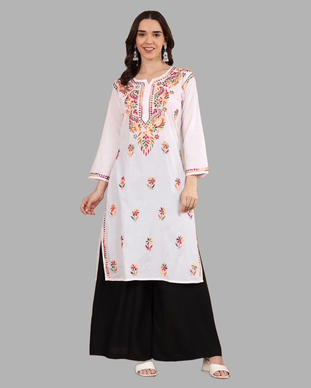 White Tawoos Chikankari Multi-Thread Cotton Long Kurti by malabis.in