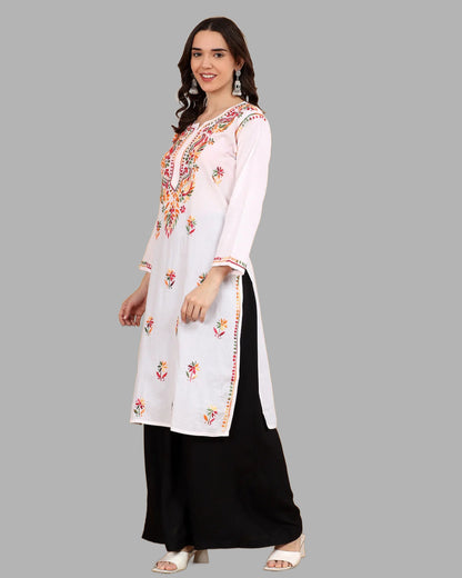 White Tawoos Chikankari Multi-Thread Cotton Long Kurti by malabis.in