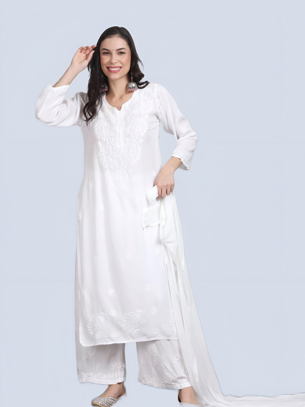 White Nikhat White Rayon Kurti, Palazzo & Dupatta Set