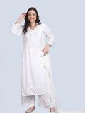 White Nikhat White Rayon Kurti, Palazzo & Dupatta Set