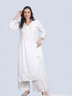 White Nikhat White Rayon Kurti, Palazzo & Dupatta Set