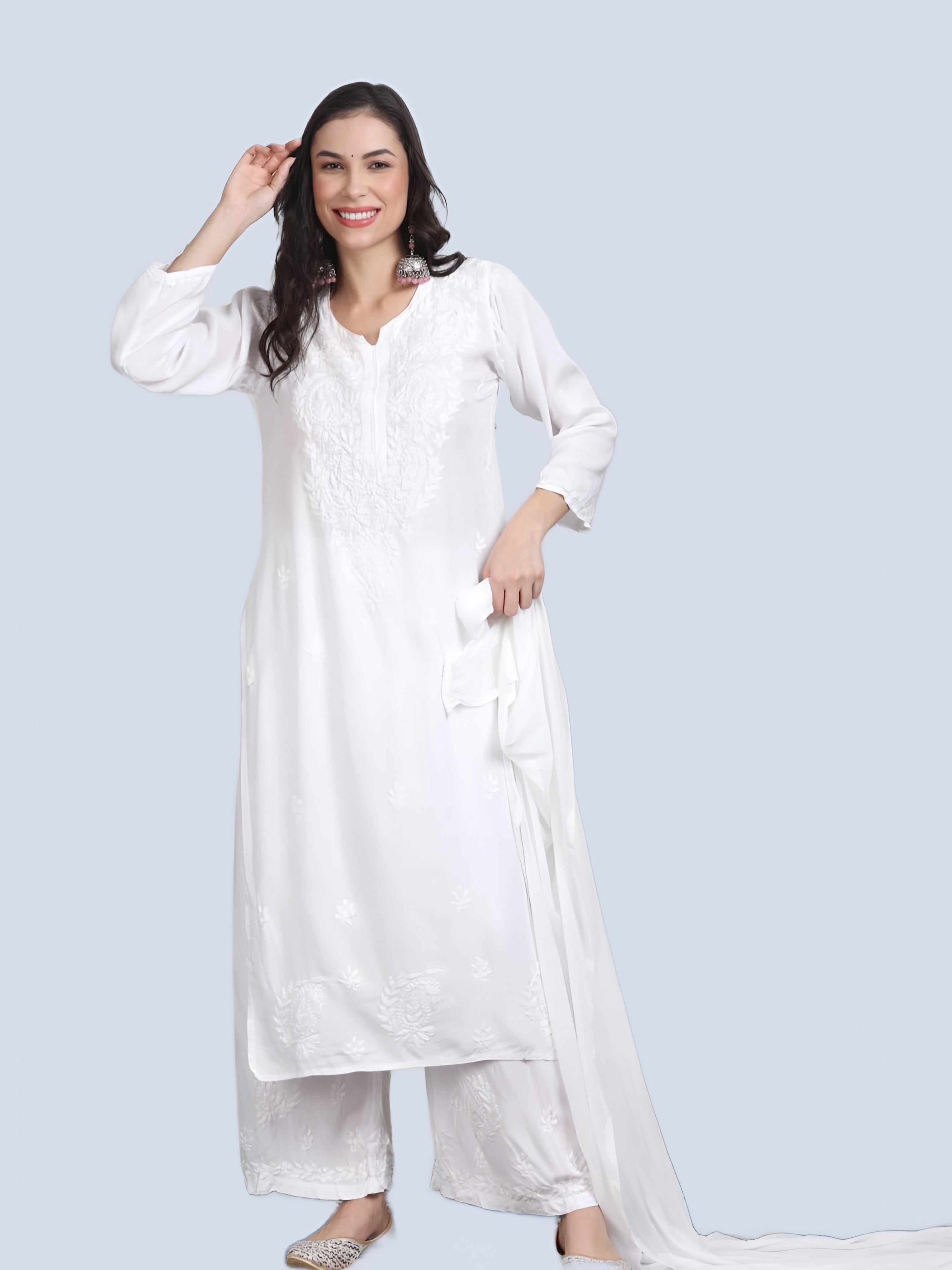 White Nikhat White Rayon Kurti, Palazzo & Dupatta Set