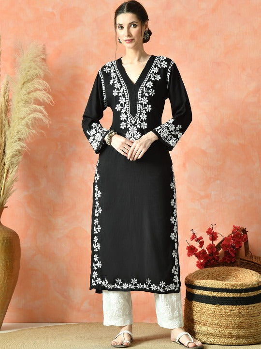Black Rayon V Neck Kurti