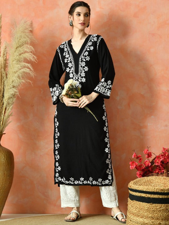 Black Rayon V Neck Kurti