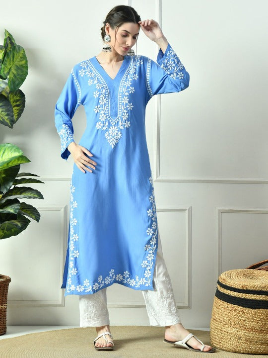 Powder Blue Rayon V Neck Kurti
