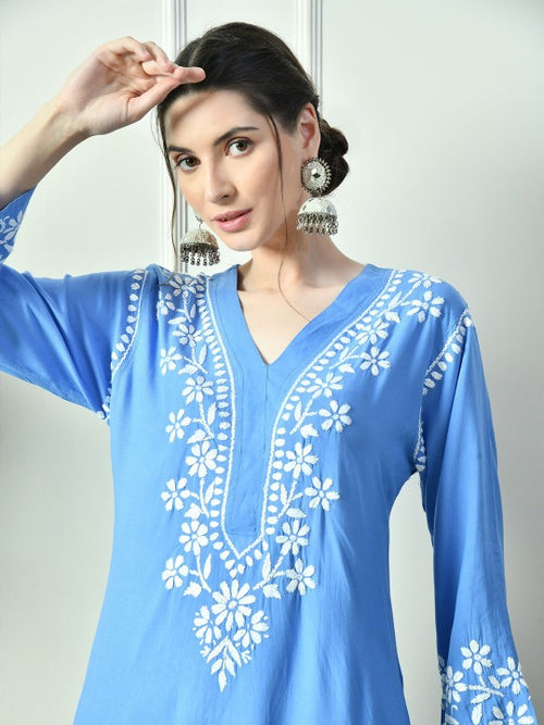 Powder Blue Rayon V Neck Kurti