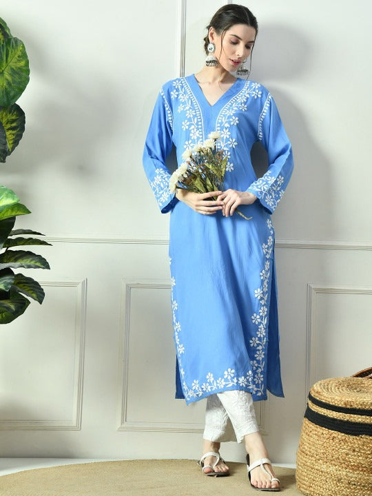 Powder Blue Rayon V Neck Kurti