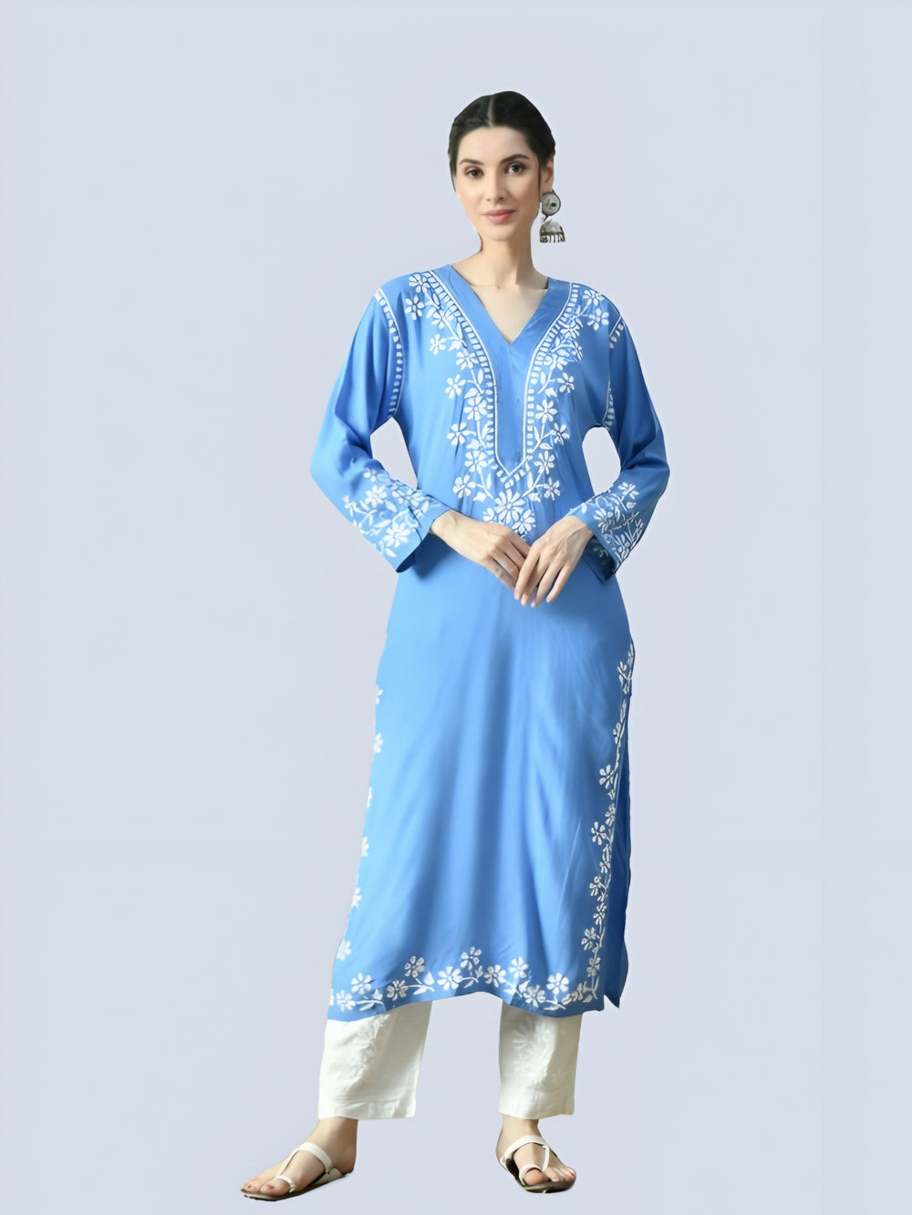 Powder Blue Rayon V Neck Kurti