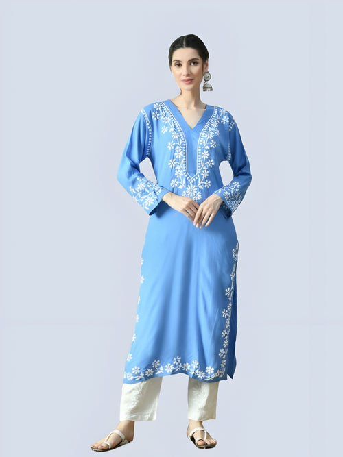 Powder Blue Rayon V Neck Kurti