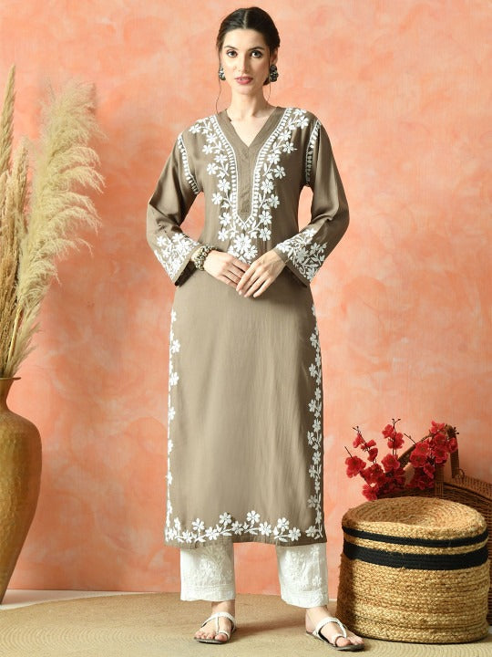 Brown Rayon V Neck Kurti
