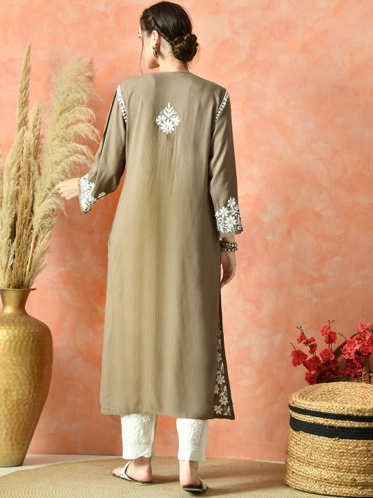 Brown Rayon V Neck Kurti