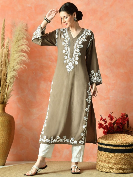 Brown Rayon V Neck Kurti
