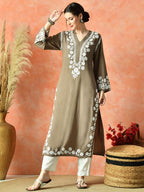 Brown Rayon V Neck Kurti