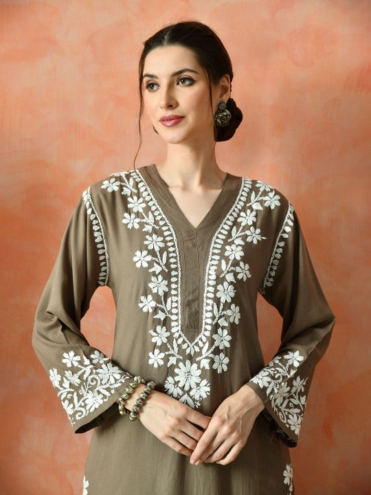 Brown Rayon V Neck Kurti