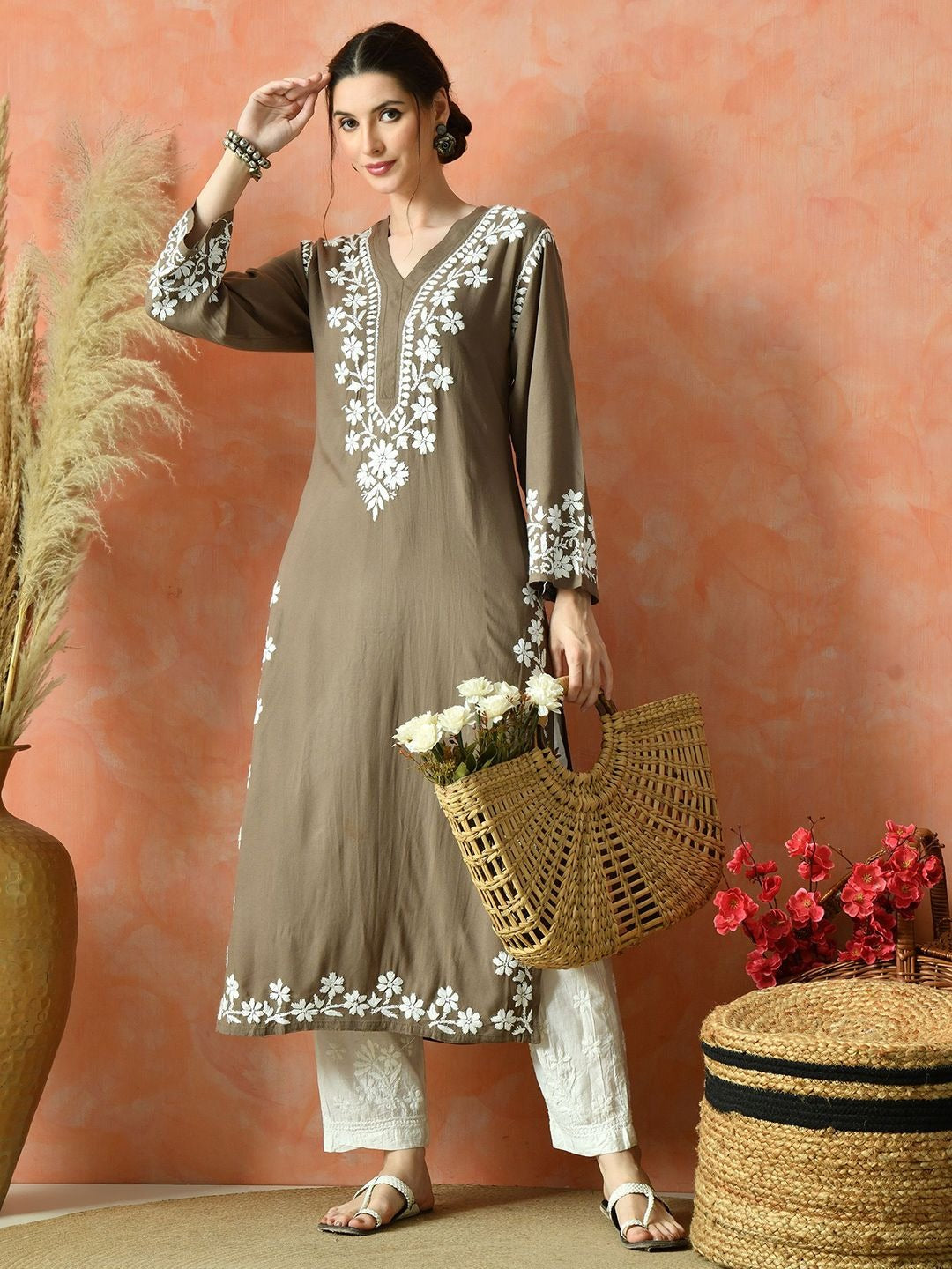 Brown Rayon V Neck Kurti