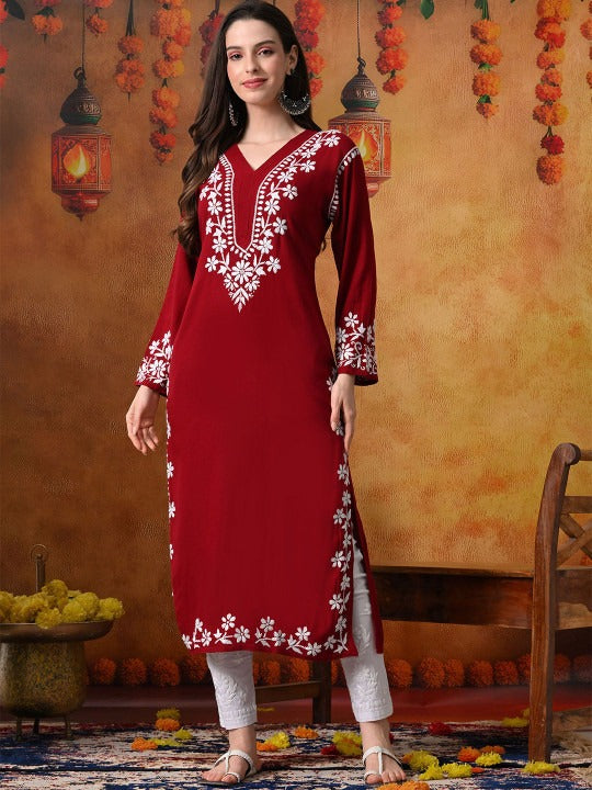 Maroon Rayon V Neck Kurti