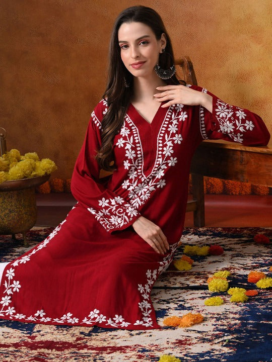 Maroon Rayon V Neck Kurti