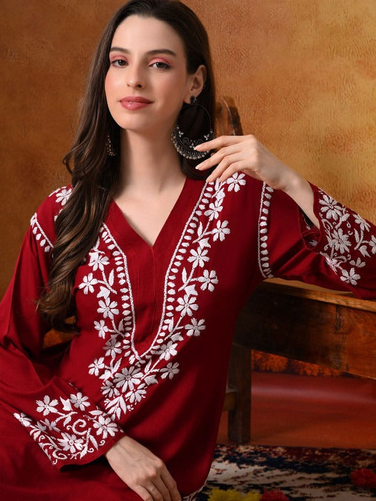 Maroon Rayon V Neck Kurti