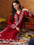 Maroon Rayon V Neck Kurti