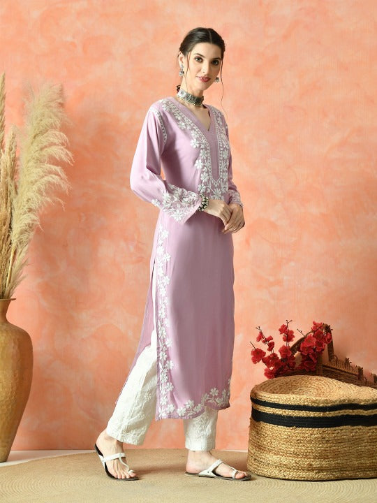 Pink Rayon V Neck Kurti