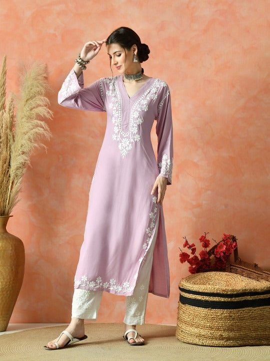 Pink Rayon V Neck Kurti