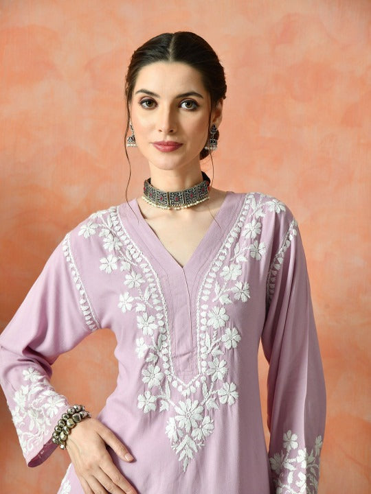 Pink Rayon V Neck Kurti