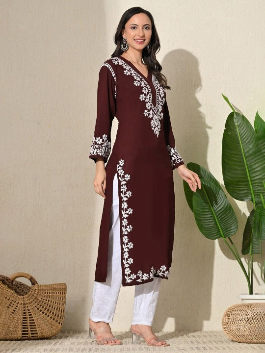 Wine Rayon V Neck Kurti