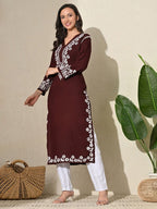 Wine Rayon V Neck Kurti