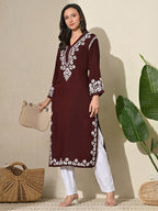 Wine Rayon V Neck Kurti