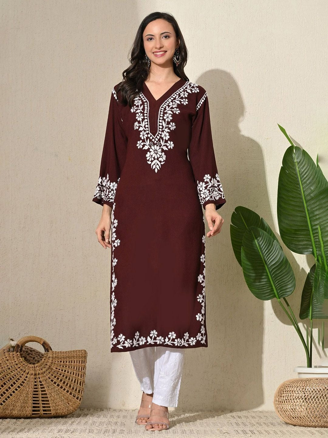 Wine Rayon V Neck Kurti