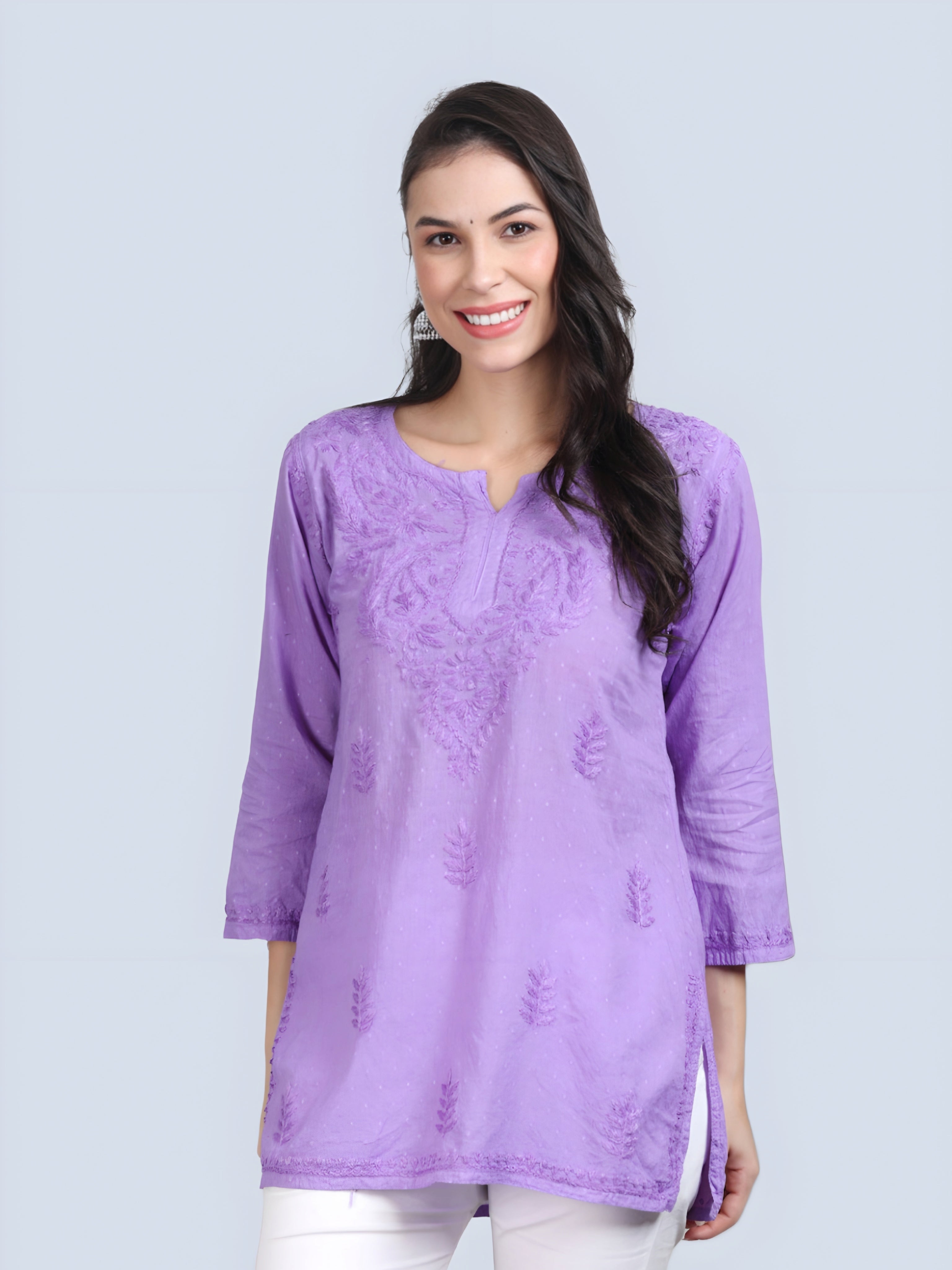 Lavender Nuzhat Dyed Short Cotton Top/Kurti