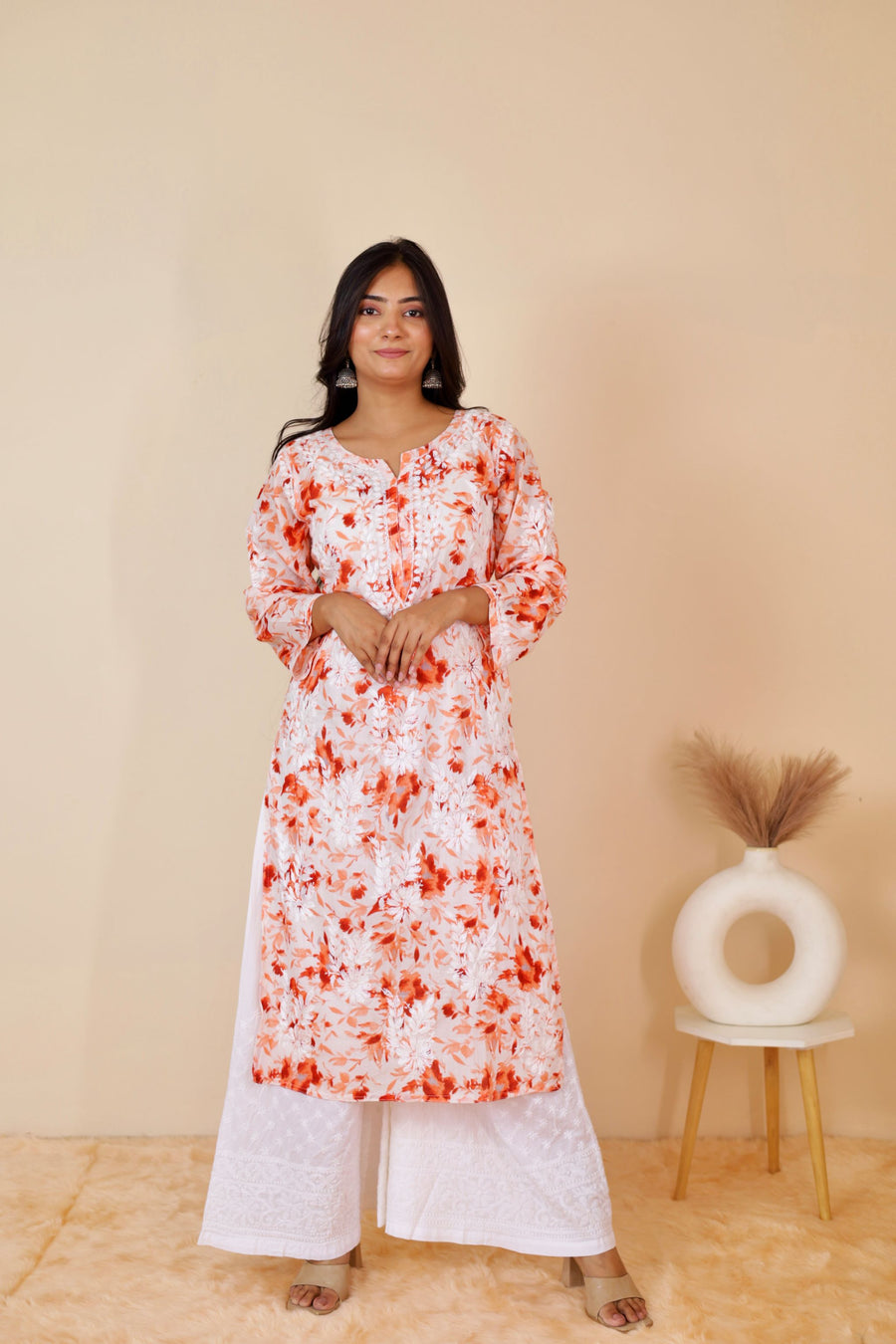Orange Samina Floral Print Mulmul Kurta
